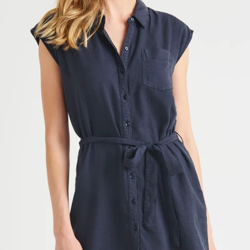 Splendid Mercer Shirt Dress Tie Waist in Navy Blue